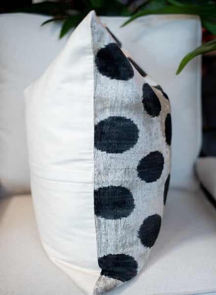 Black and White Bold Polka Dot Silk Velvet Ikat Pillow