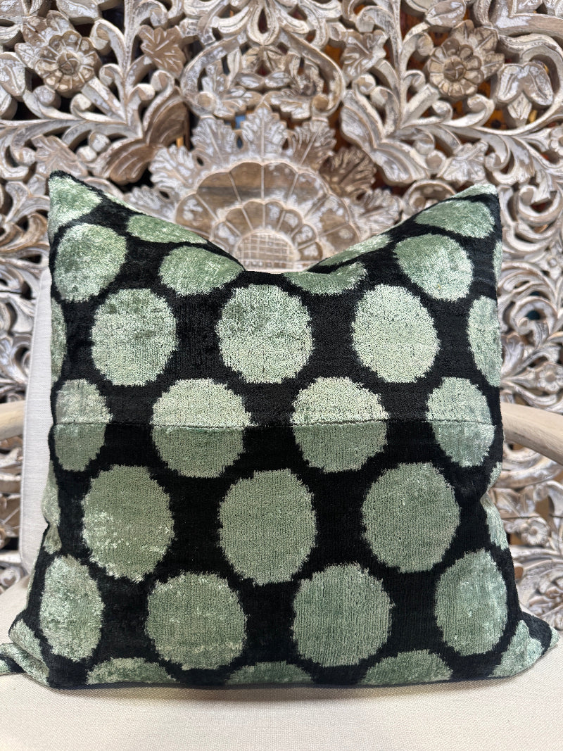 Black and Aqua Polka Dot Silk Velvet Ikat Pillow