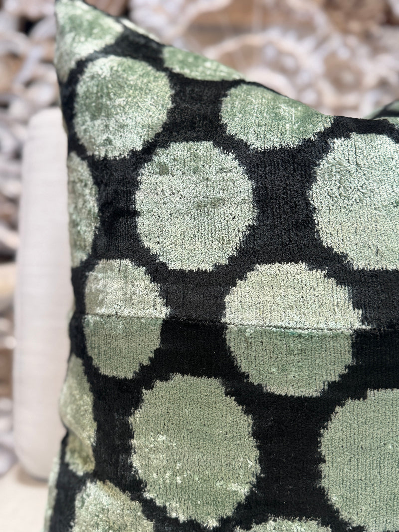 Black and Aqua Polka Dot Silk Velvet Ikat Pillow