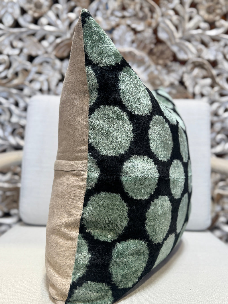 Black and Aqua Polka Dot Silk Velvet Ikat Pillow