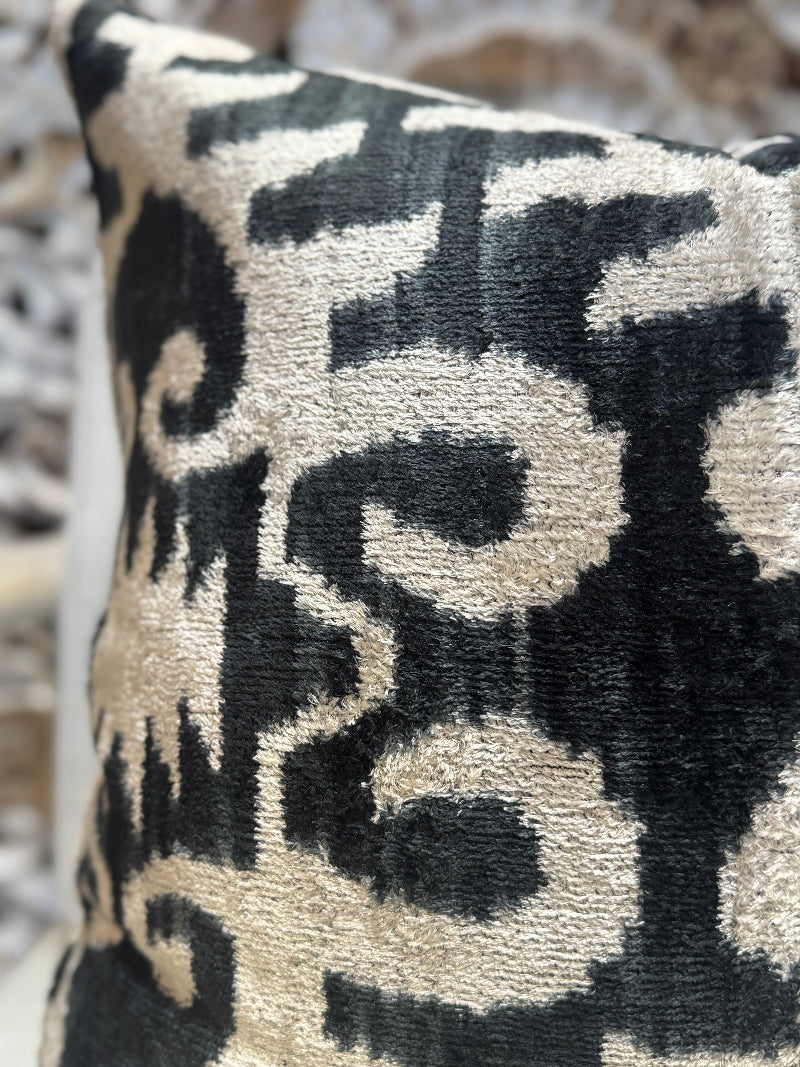 Black and White Silk Velvet Ikat Pillow
