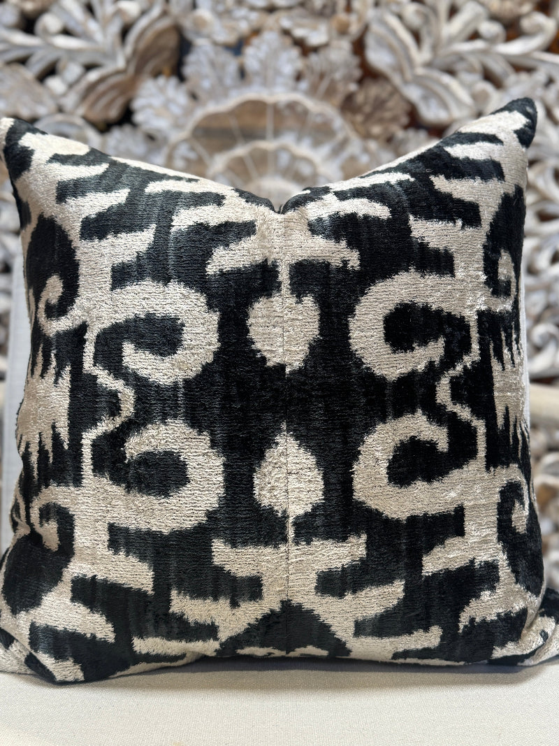 Black and White Silk Velvet Ikat Pillow