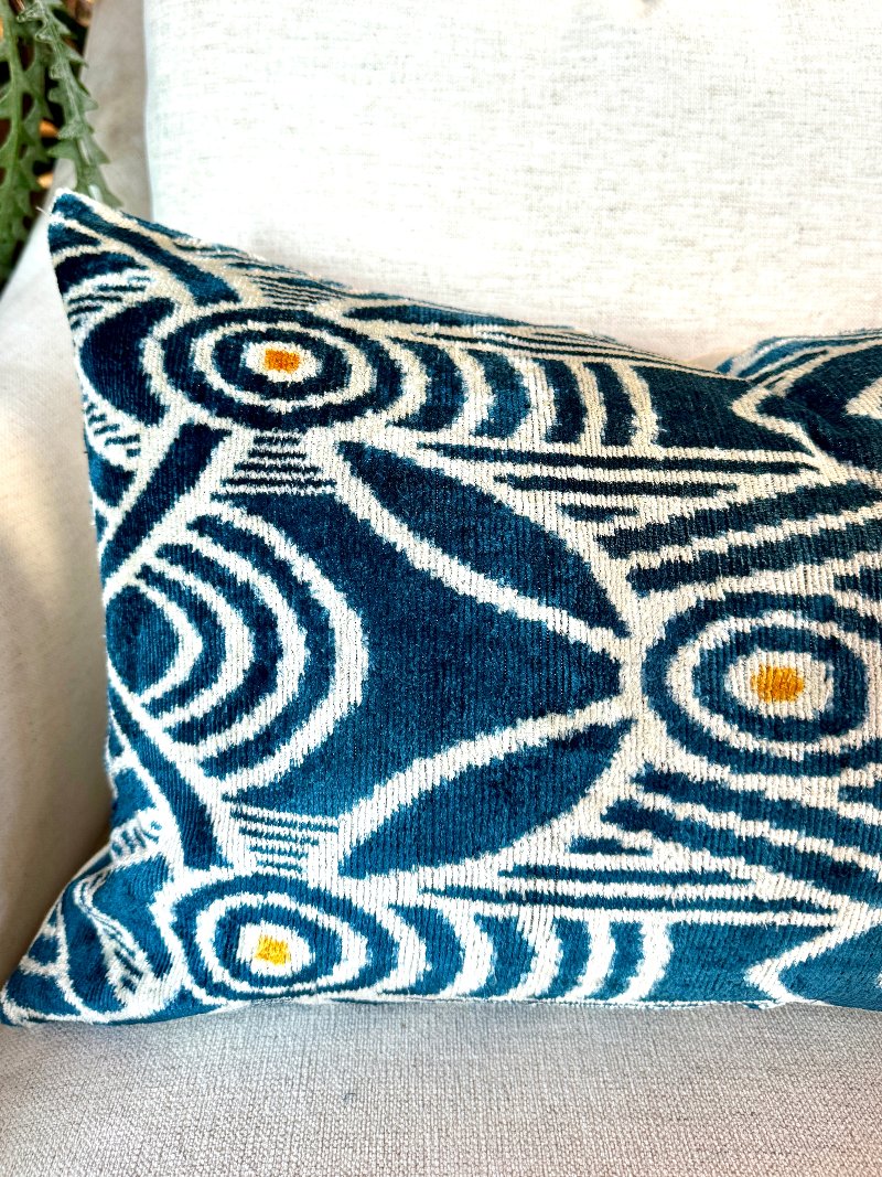 Blue Deco Silk Velvet Ikat Lumbar Pillow