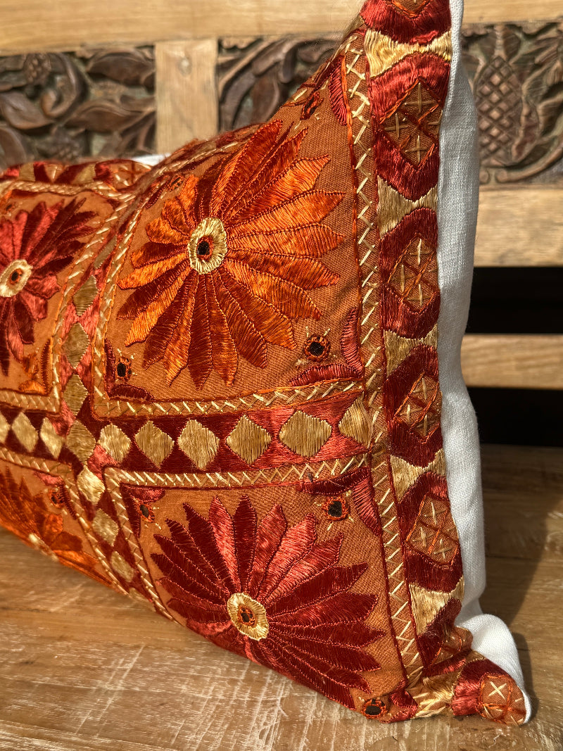 Indian Embroidered Pillow in Vivid Orange