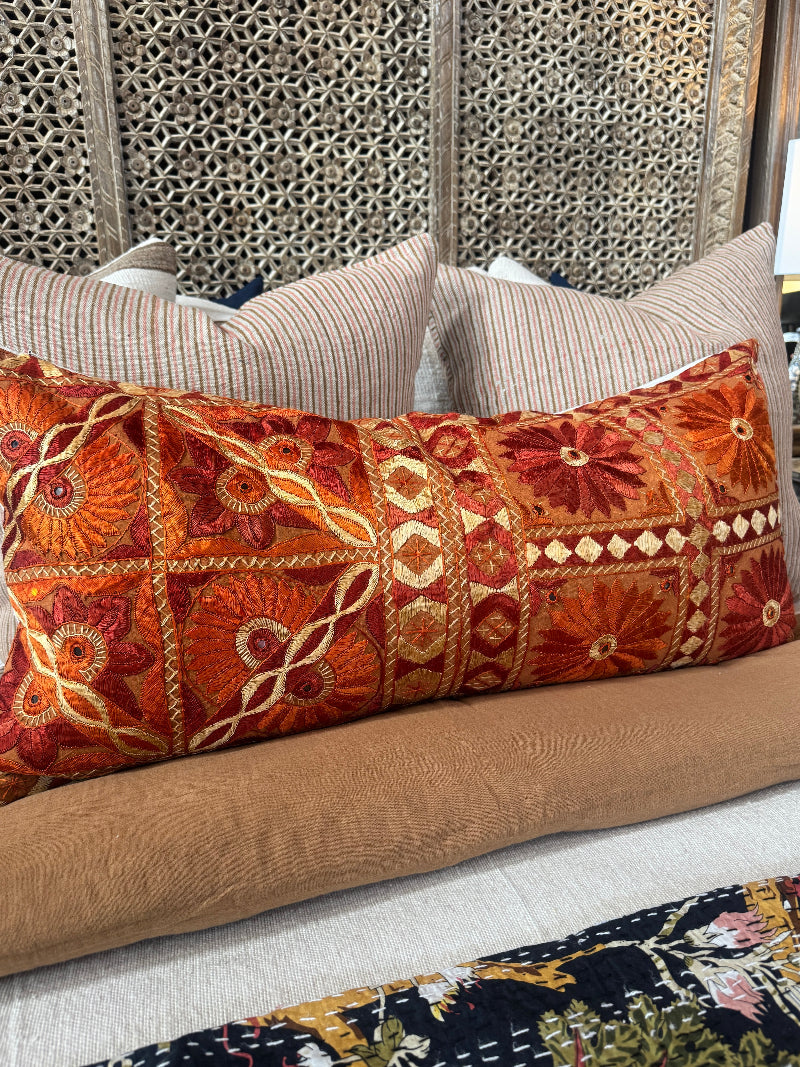 Indian Embroidered Pillow in Vivid Orange