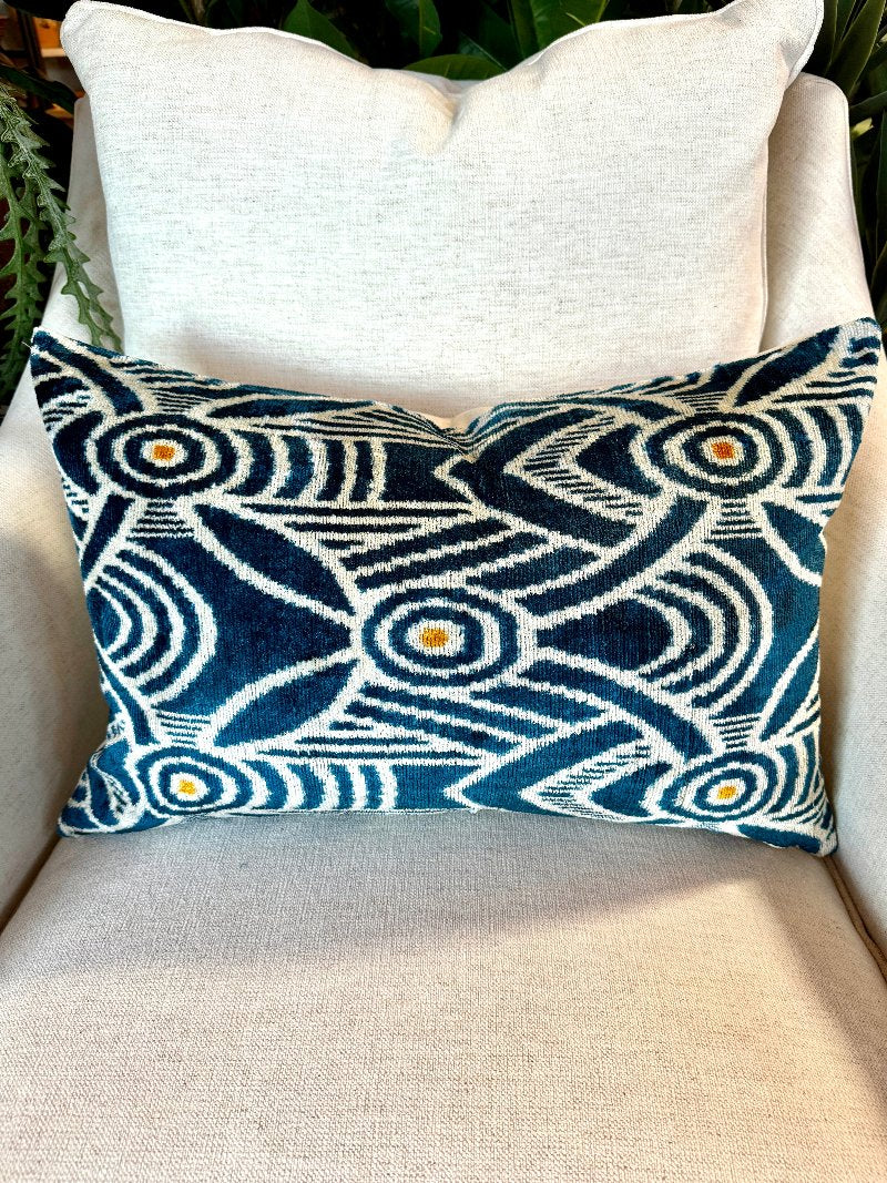 Blue Deco Silk Velvet Ikat Lumbar Pillow