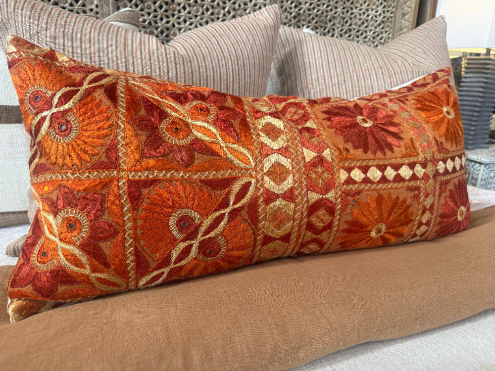 Indian Embroidered Pillow in Vivid Orange