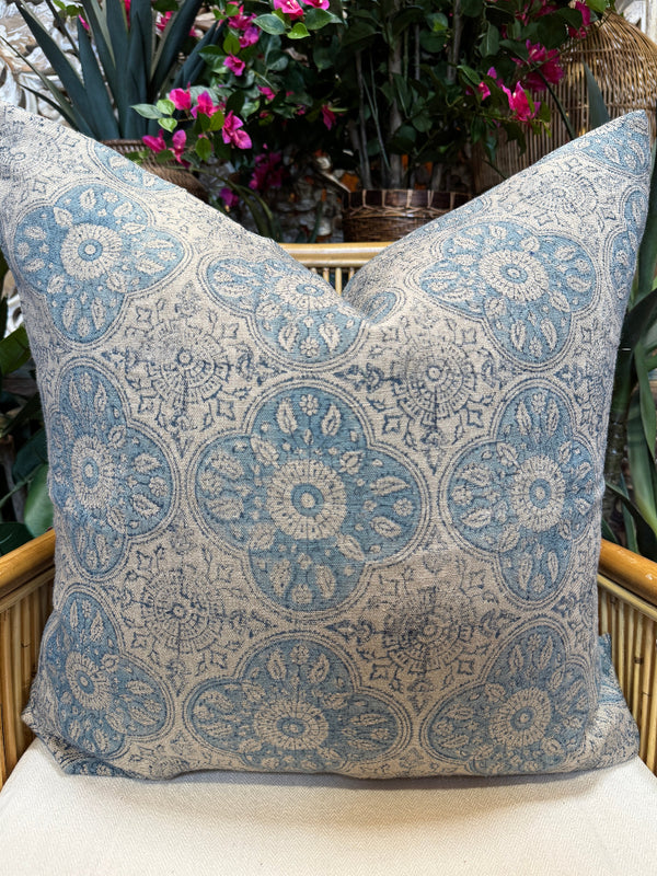 Blue Medallion Block Print 24" Linen Pillow