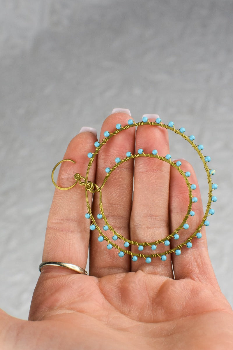 Brass Double Hoop Earrings with Turquoise