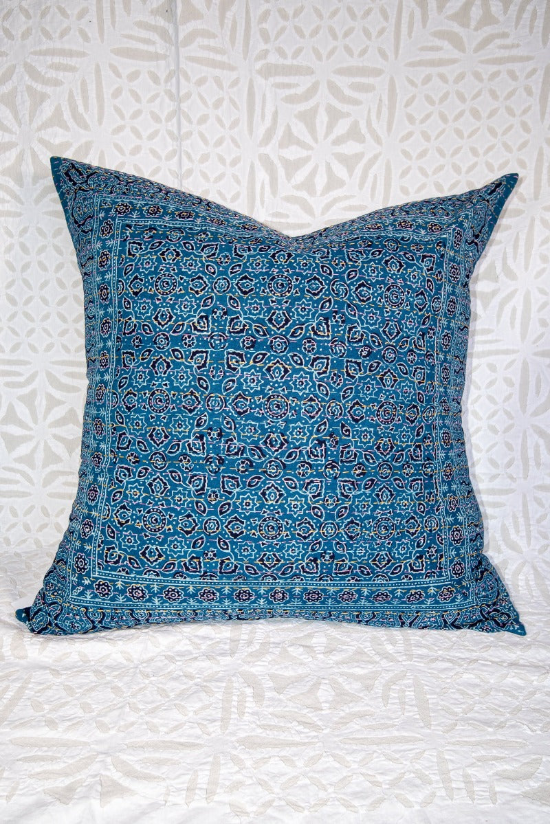 24" Blue Ajrak Block Print Pillow