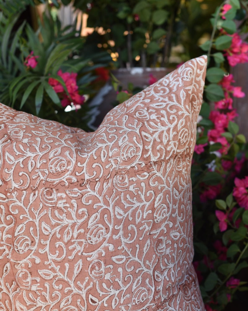 Rose Natural Linen Blockprint 24" Pillow