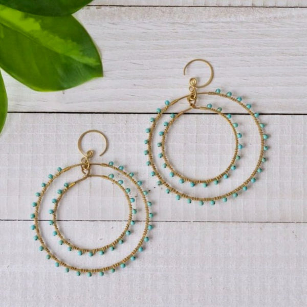 Brass Double Hoop Earrings with Turquoise