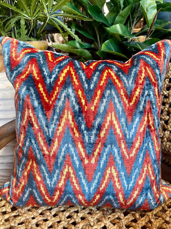 Colorful Zigzag Silk Velvet Ikat Pillow Tierra del Lagarto