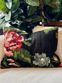 Floral Vintage Turkish Lumbar Pillow Made from a Moldovan Kilim Tierra del Lagarto