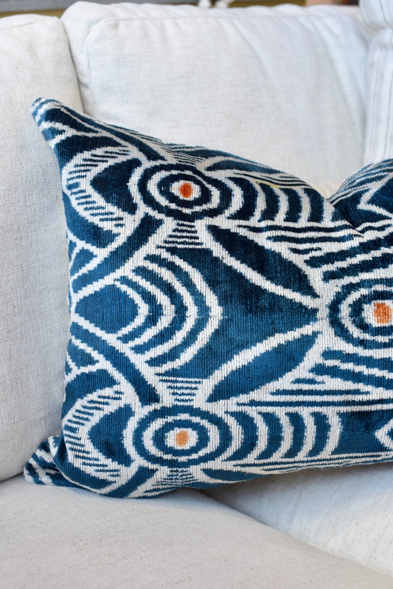 Aegean Blue Silk Velvet Ikat Lumbar Pillow