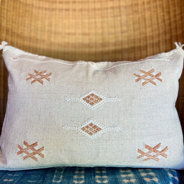 Handmade Moroccan Sabra Lumbar Pillow, Off White with Brown