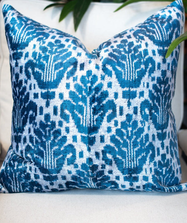 Ottoman Design Blue Silk Velvet Ikat Pillow Tierra del Lagarto
