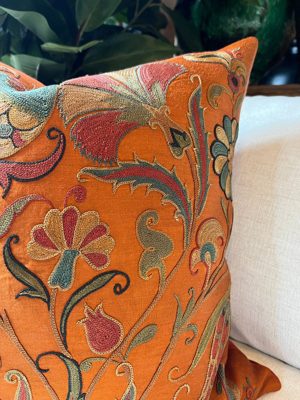 Suzani Pillow in Deep Orange Silk Tierra del Lagarto