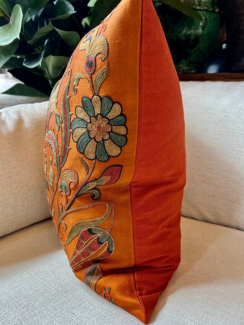 Suzani Pillow in Deep Orange Silk Tierra del Lagarto