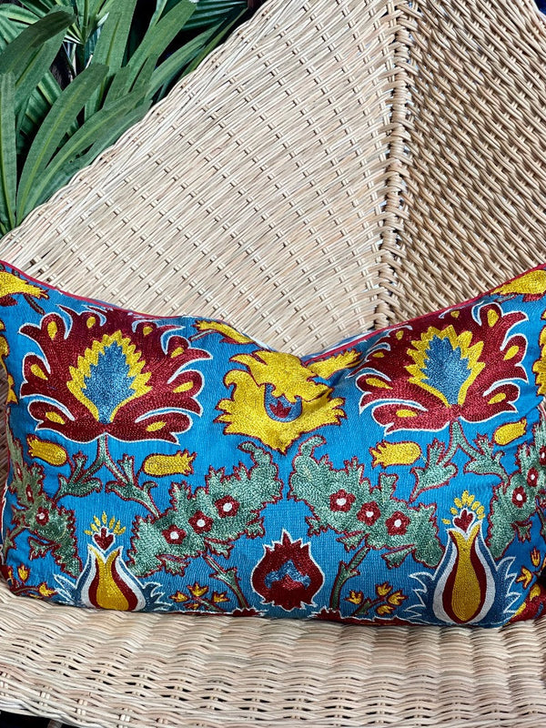 Vibrant Suzani and Ikat Lumbar Pillow Tierra del Lagarto