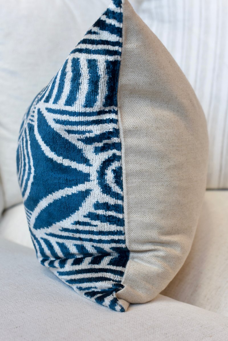 Aegean Blue Silk Velvet Ikat Lumbar Pillow