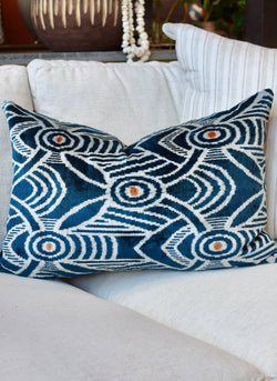 Aegean Blue Silk Velvet Ikat Lumbar Pillow